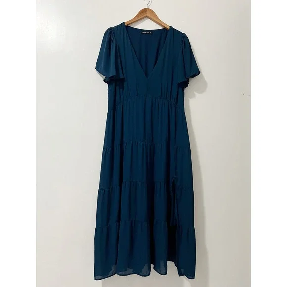 Abercrombie & Fitch Navy Blue Flutter Sleeve Tiered Midi Dress Women XL - Picture 2 of 7
